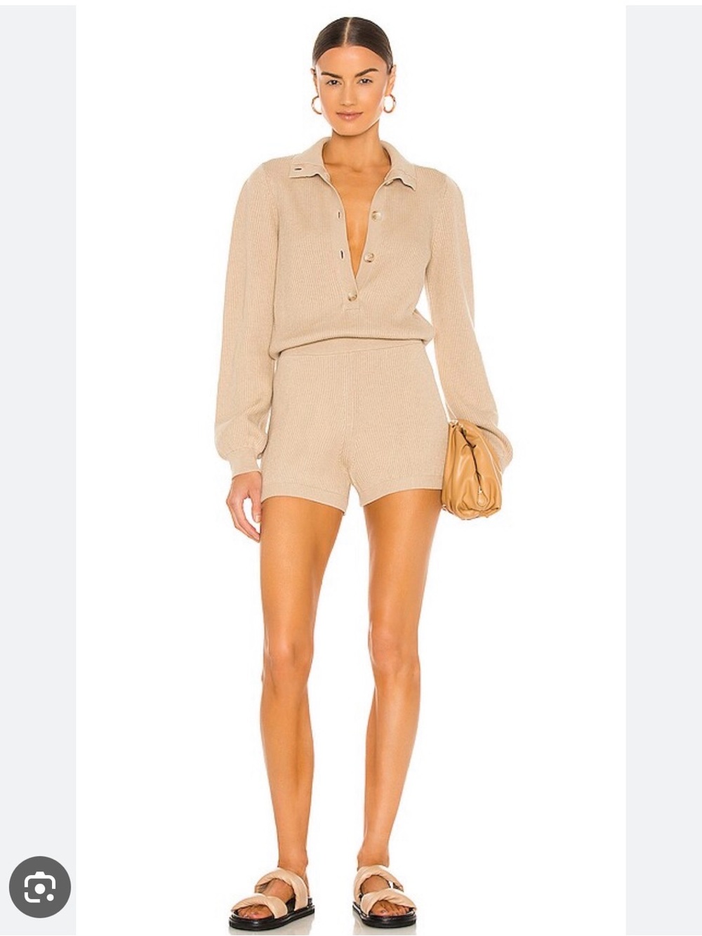 Weekend Stories Beige Ribbed Collared Knit Top